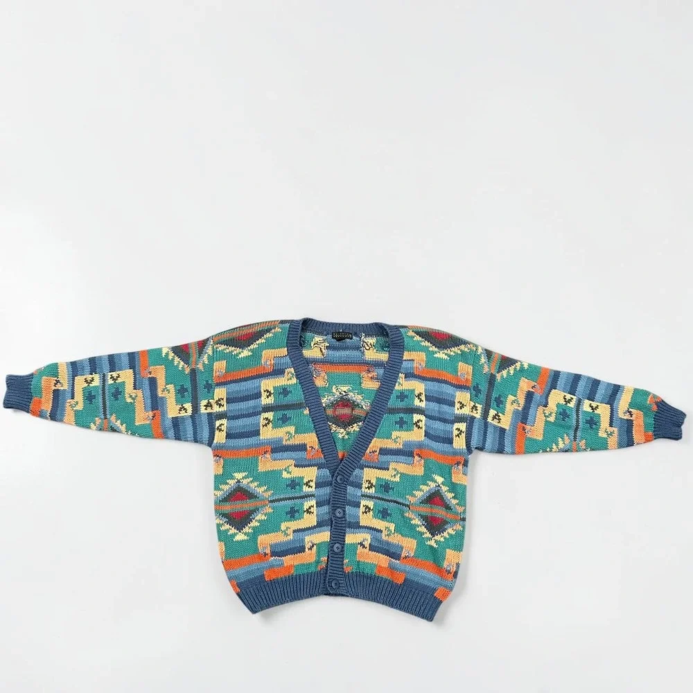 Vtg 90s Southwestern Aztec Grandpa Knit Button Front Cardigan Sweater Mens XL